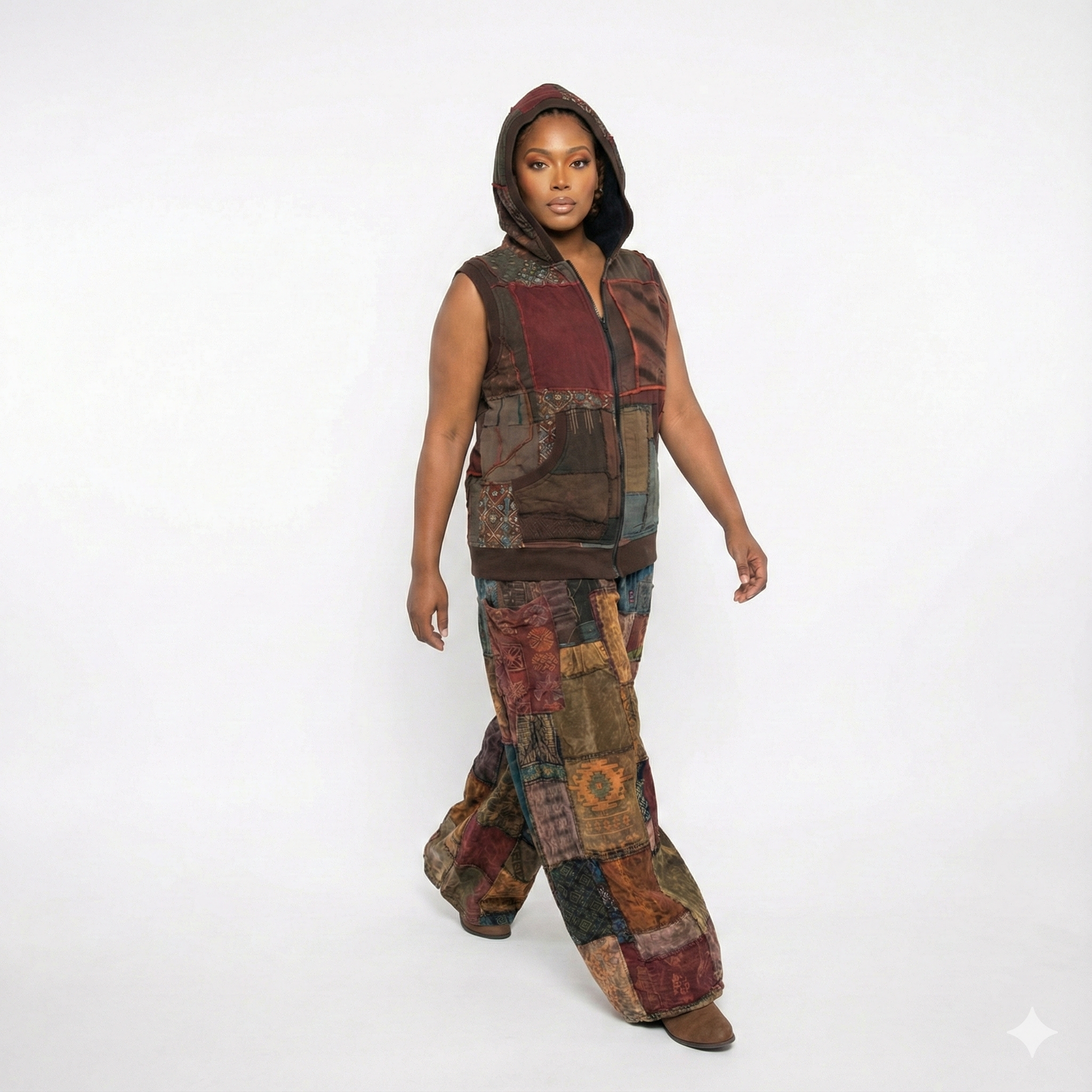 Person wearing a patchwork outfit with a vest and wide-leg pants on a white background