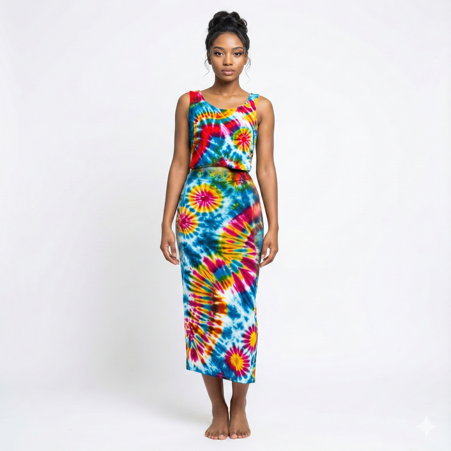 Woman wearing a colorful tie-dye dress on a white background