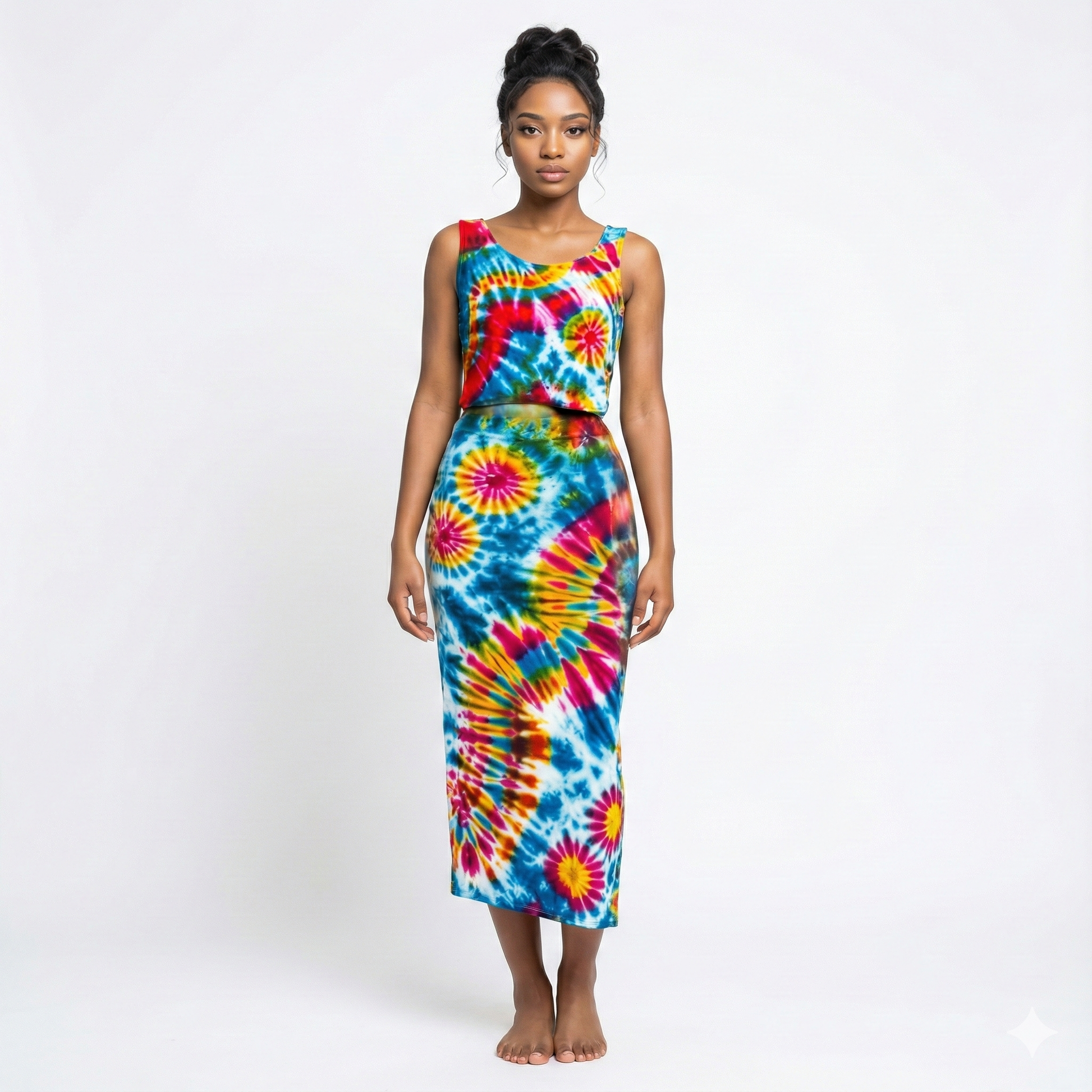 Woman wearing a colorful tie-dye dress on a white background