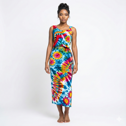 Woman wearing a colorful tie-dye dress on a white background