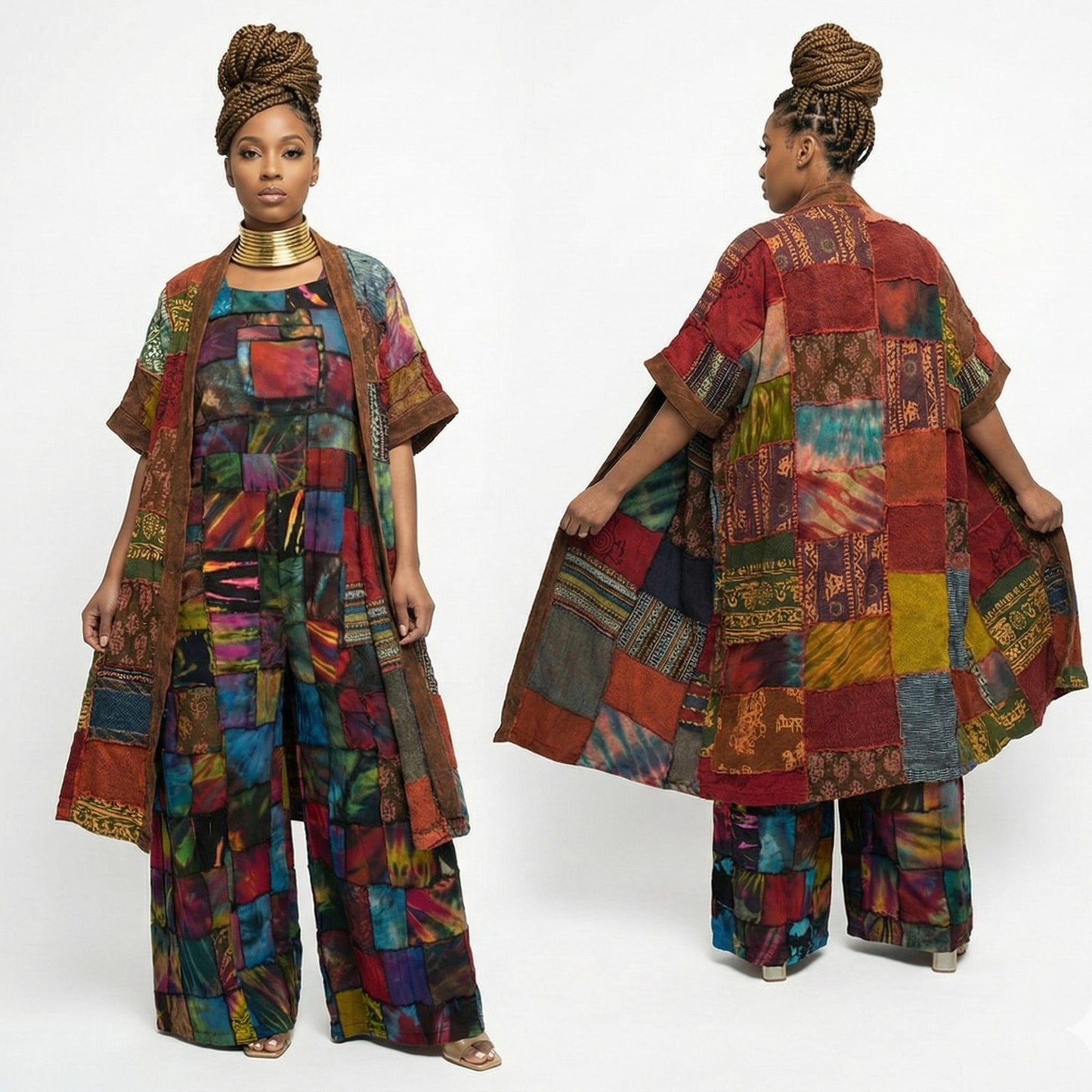 Woman wearing a colorful patchwork  jacket and pants on a white background.