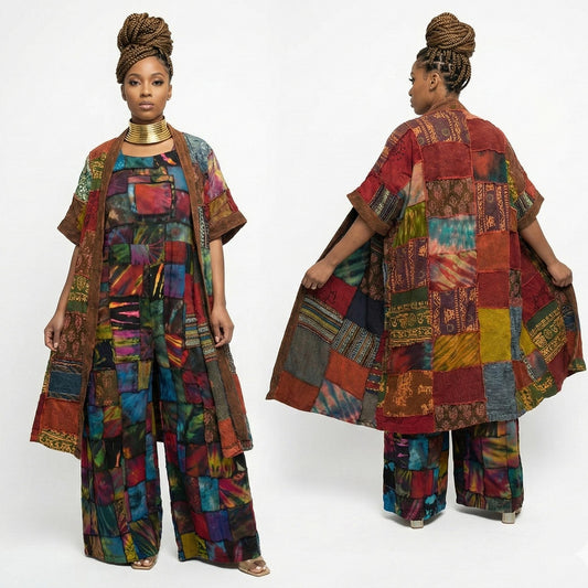 Woman wearing a colorful patchwork  jacket and pants on a white background.