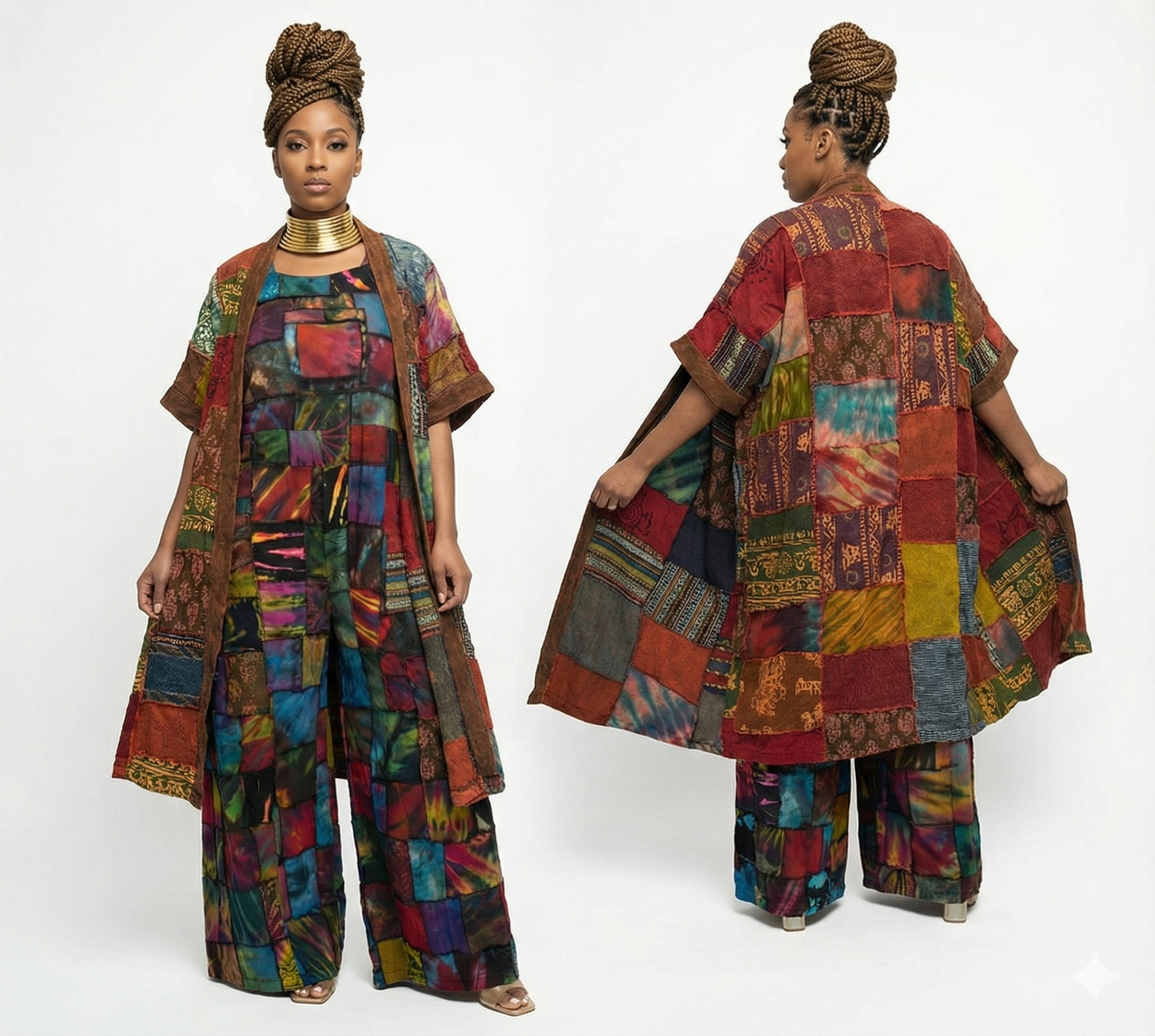 Woman wearing a colorful patchwork  jacket and pants on a white background.