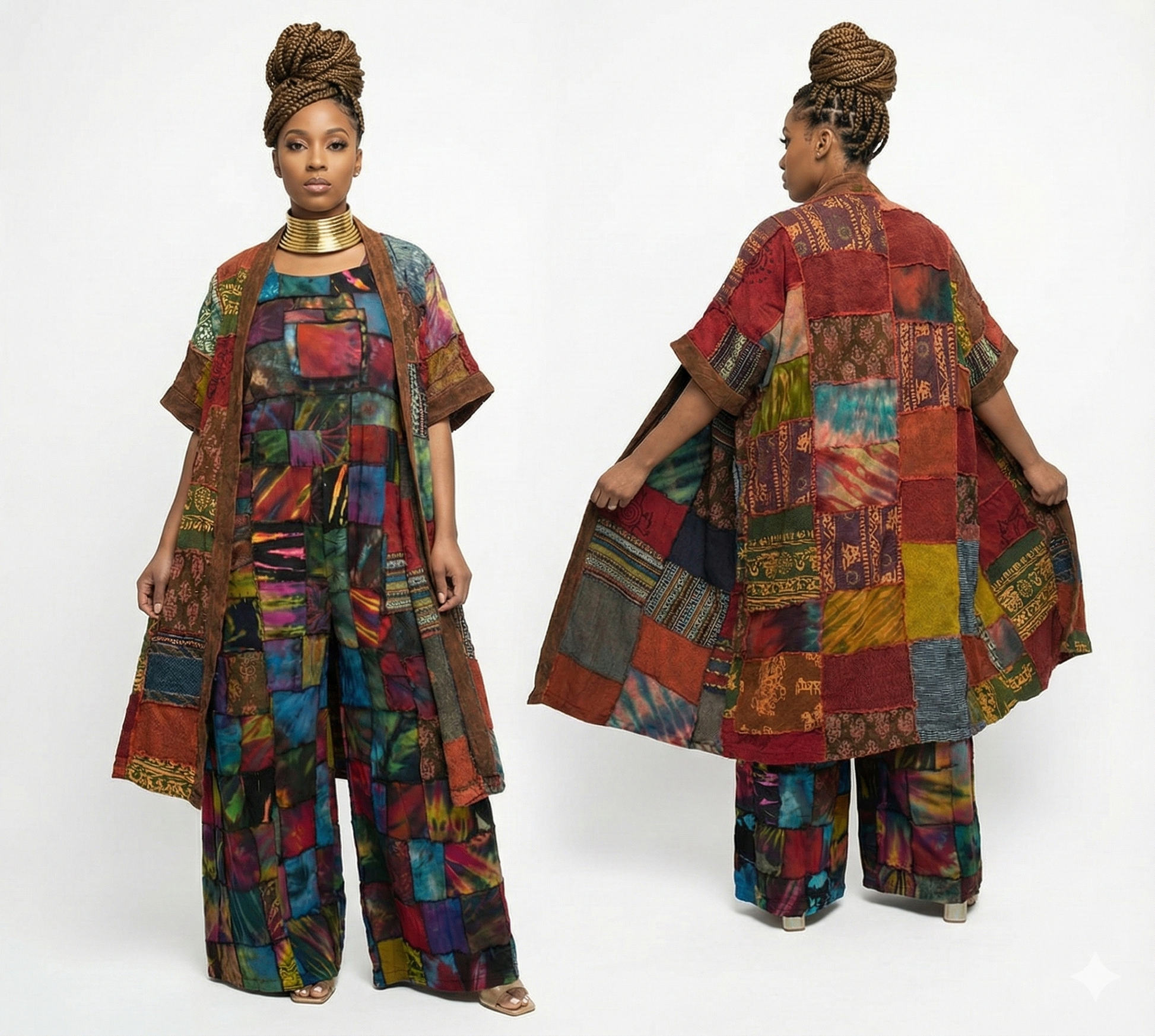 Woman wearing a colorful patchwork  jacket and pants on a white background.