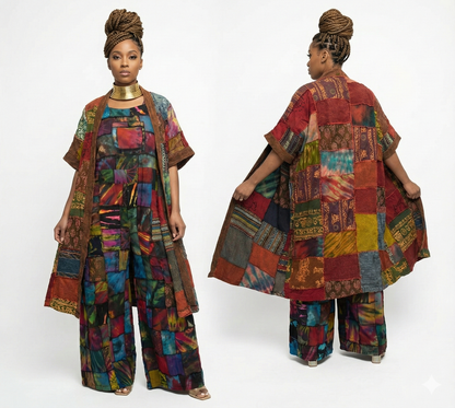 Woman wearing a colorful patchwork  jacket and pants on a white background.