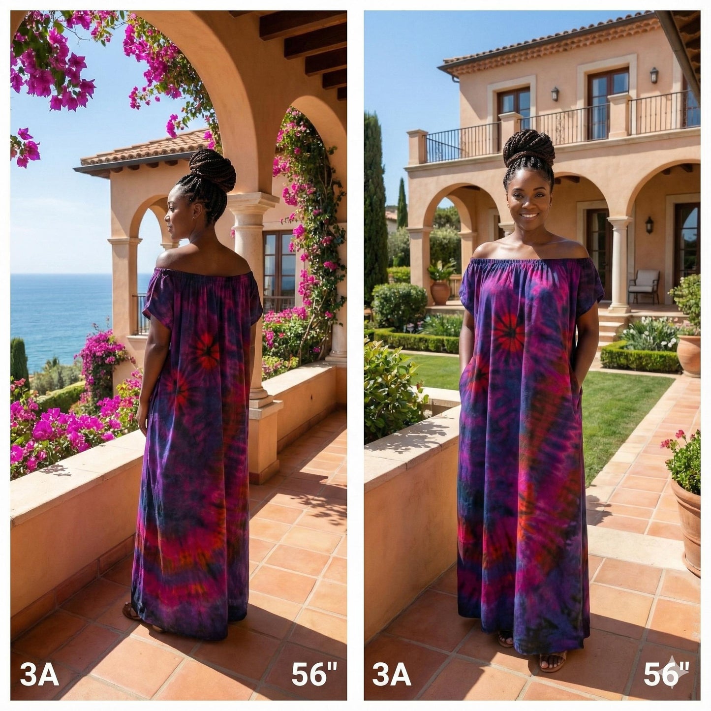 Woman wearing a purple tie-dye dress in two different outdoor settings.