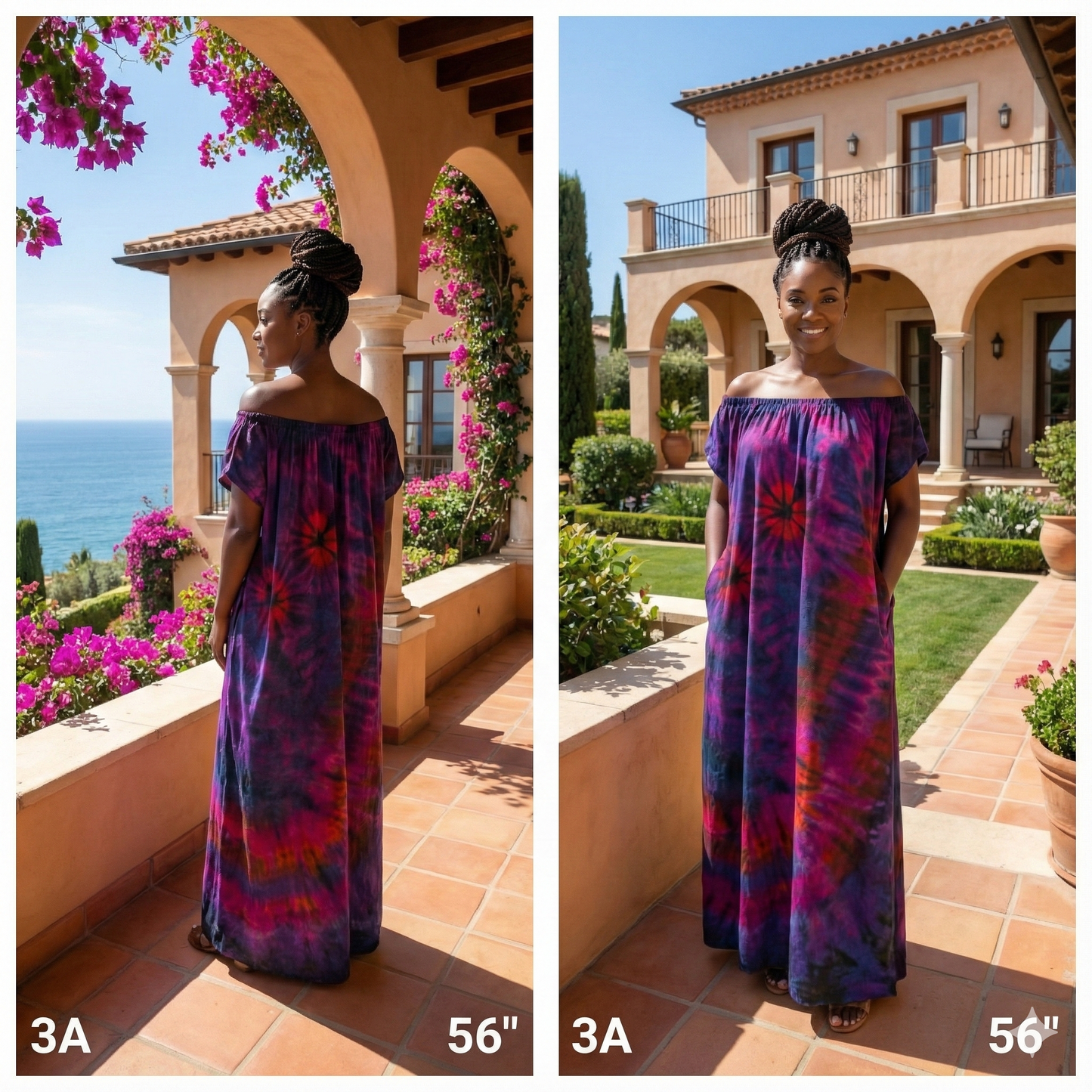 Woman wearing a purple tie-dye dress in two different outdoor settings.