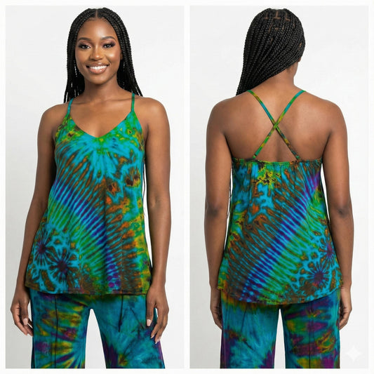 Woman wearing a tie-dye tank top and pants, showing front and back views.