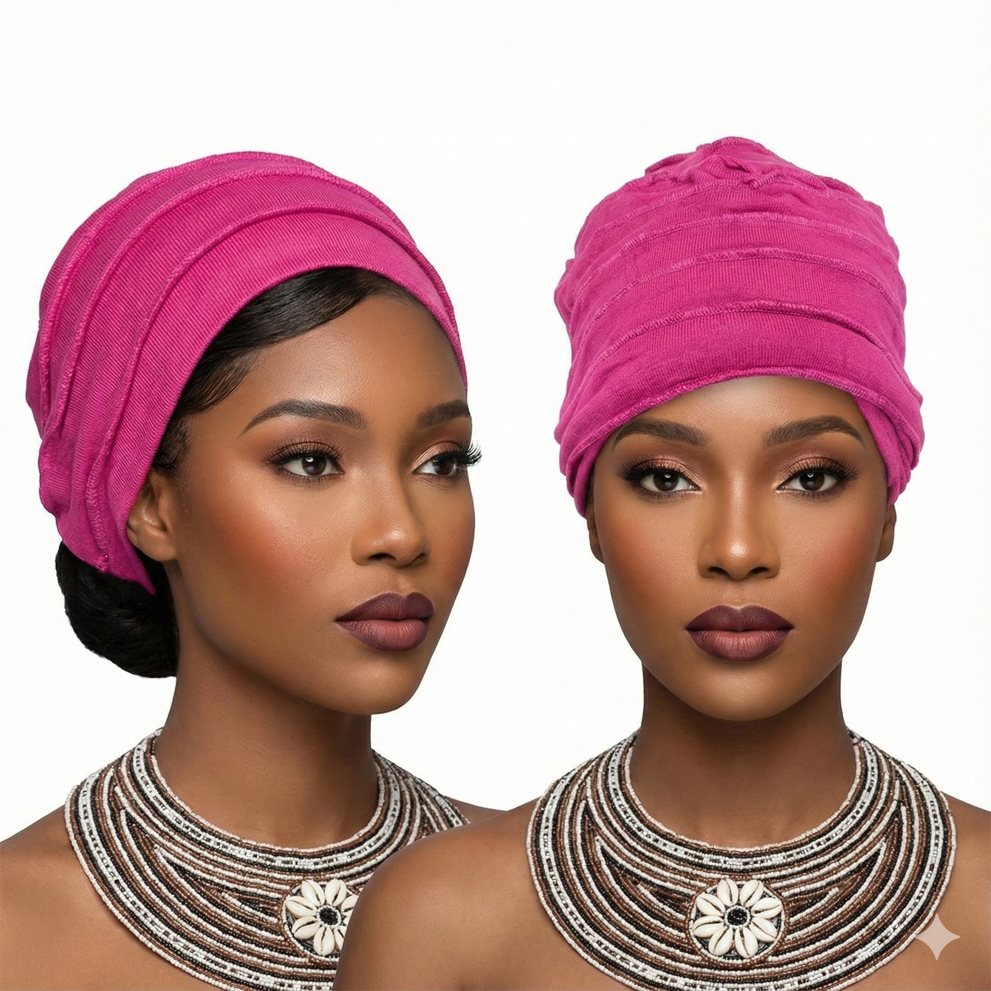 Two women wearing pink hat and ornate necklaces on a white background