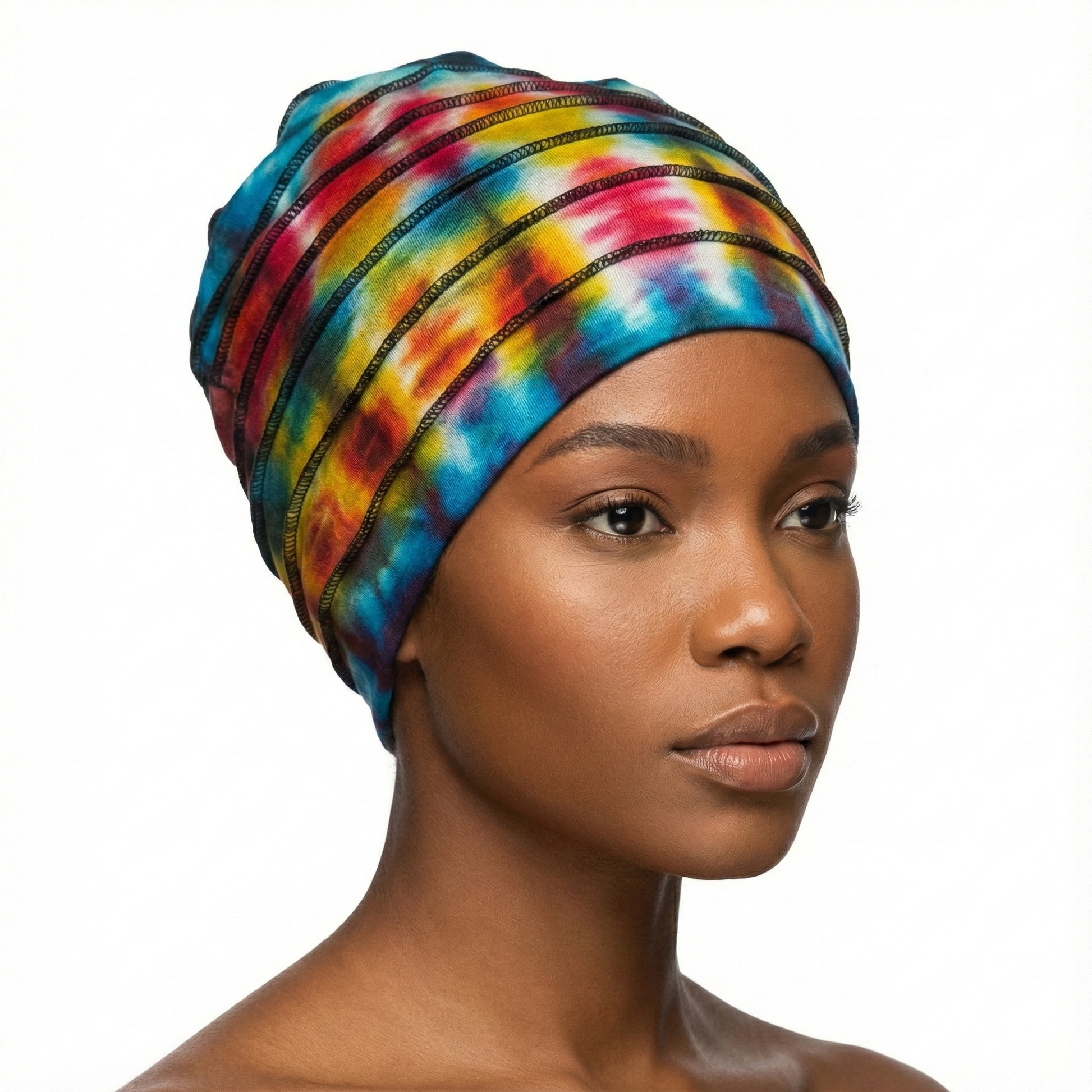 Woman wearing a tie dye  on a white background