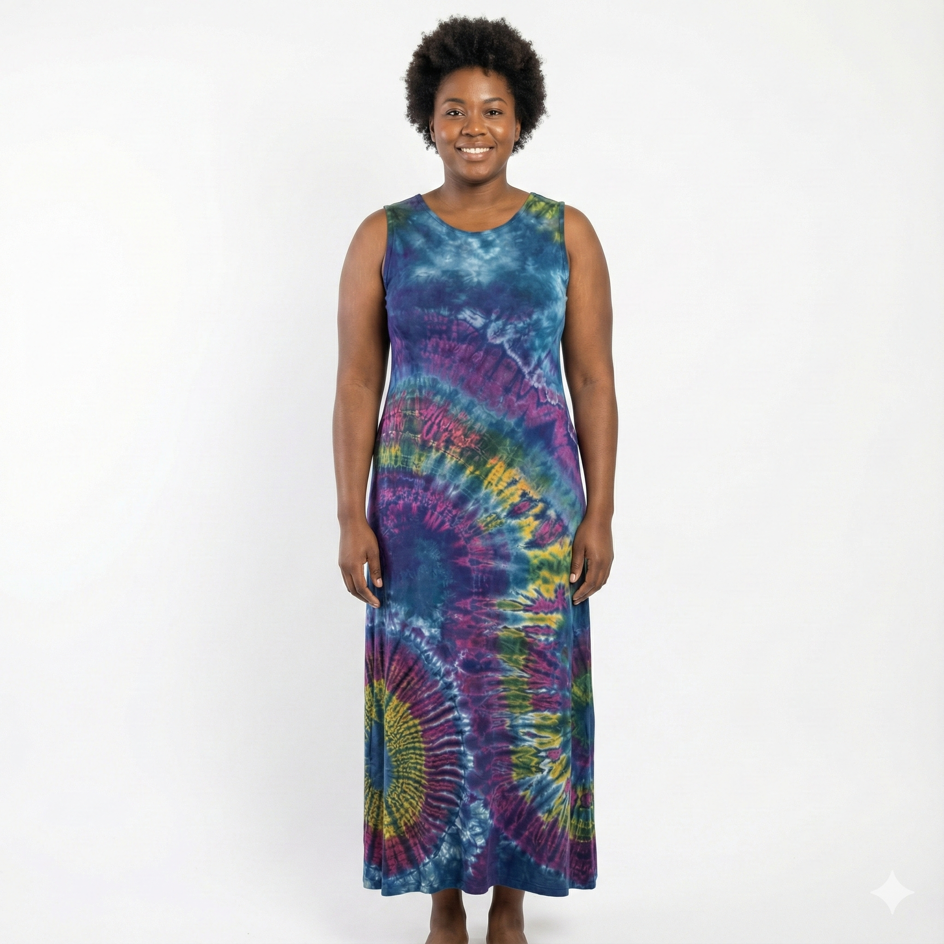 Woman wearing a tie-dye dress on a white background