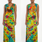 Woman wearing a tie-dye dress on a white background