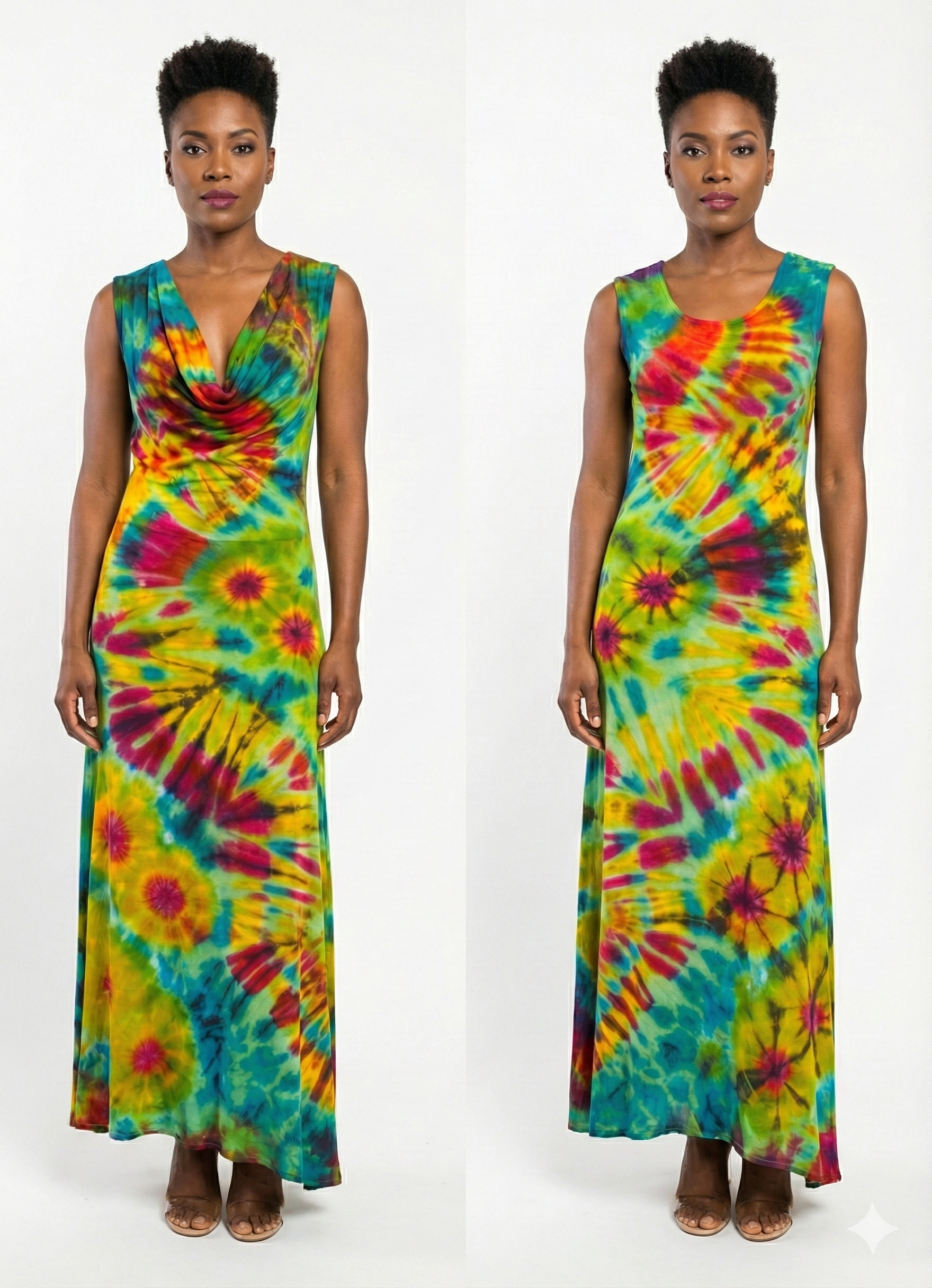 Woman wearing a tie-dye dress on a white background