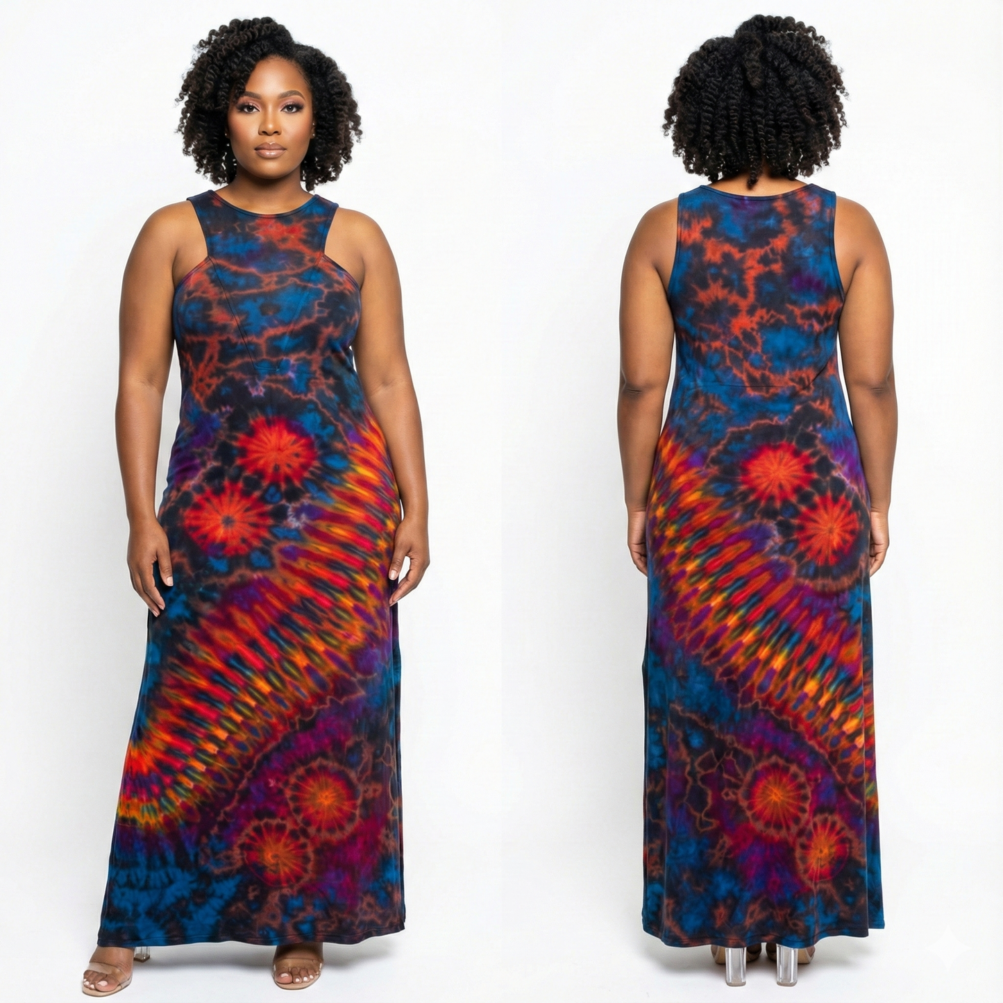 Woman wearing a tie-dye dress from front and back views on a white background