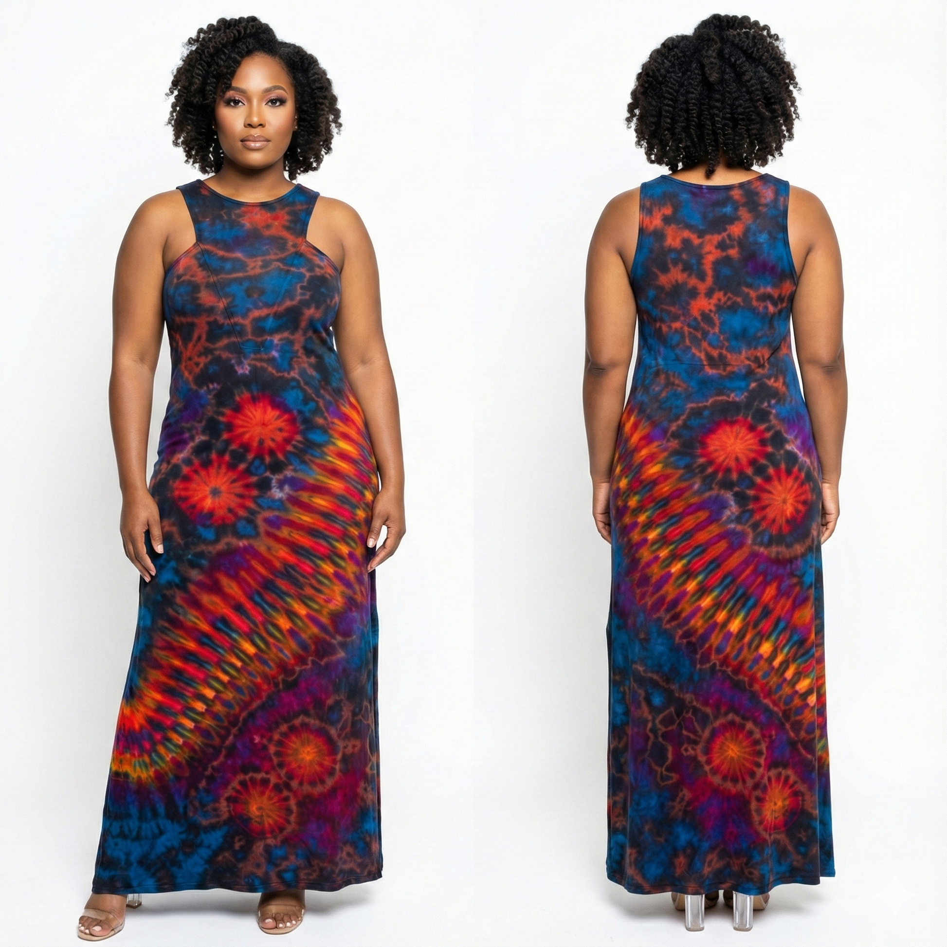 Woman wearing a tie-dye dress from front and back views on a white background