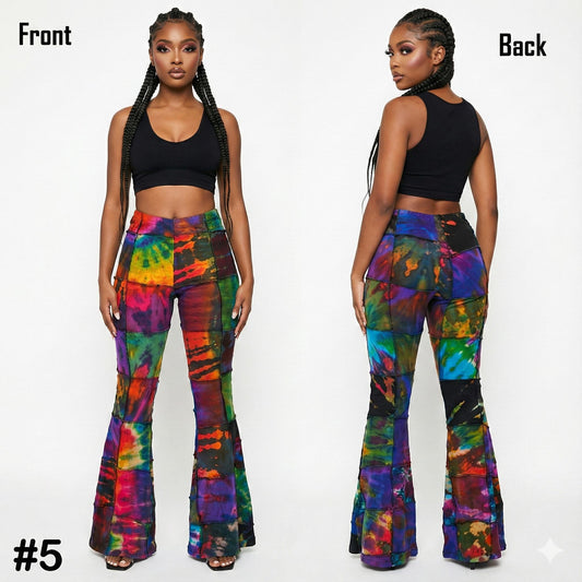 Multicolored tie-dye pants shown from front and back on a model against a white background.