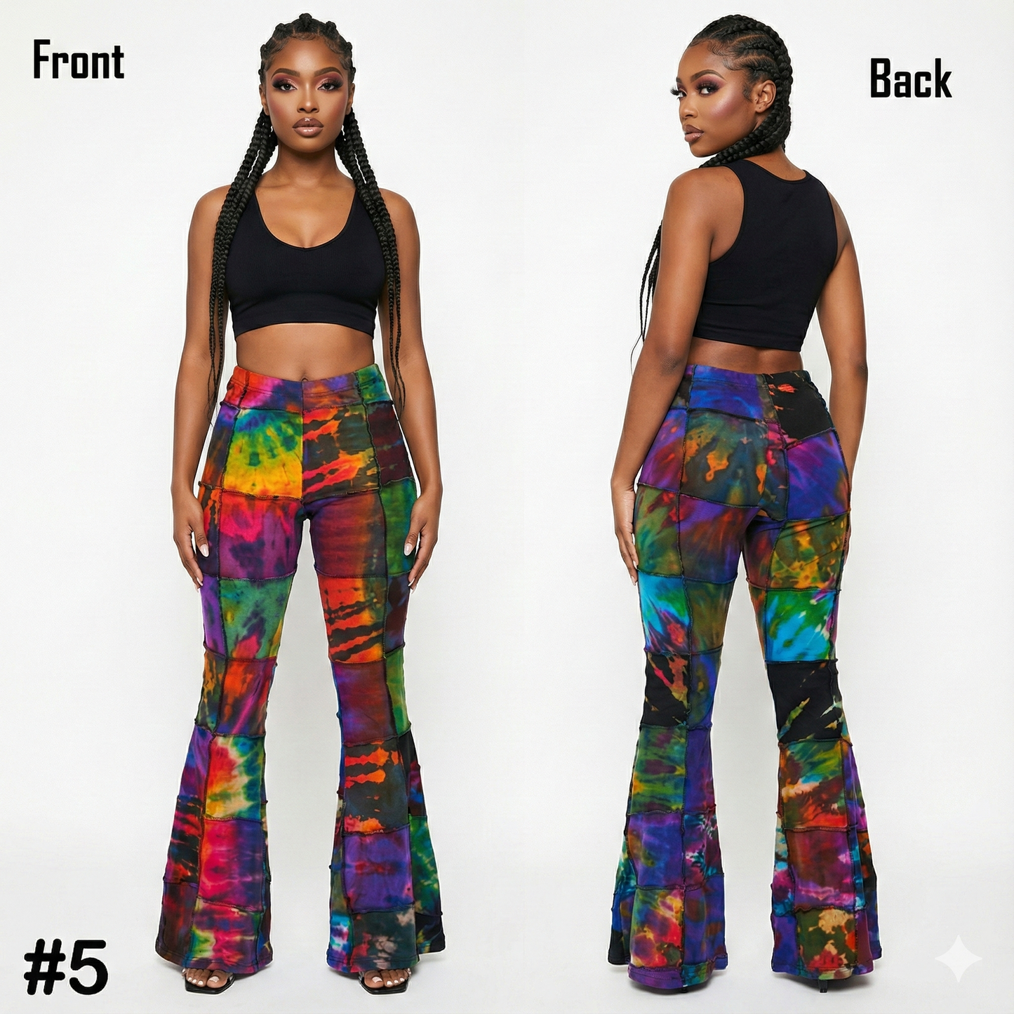 Multicolored tie-dye pants shown from front and back on a model against a white background.