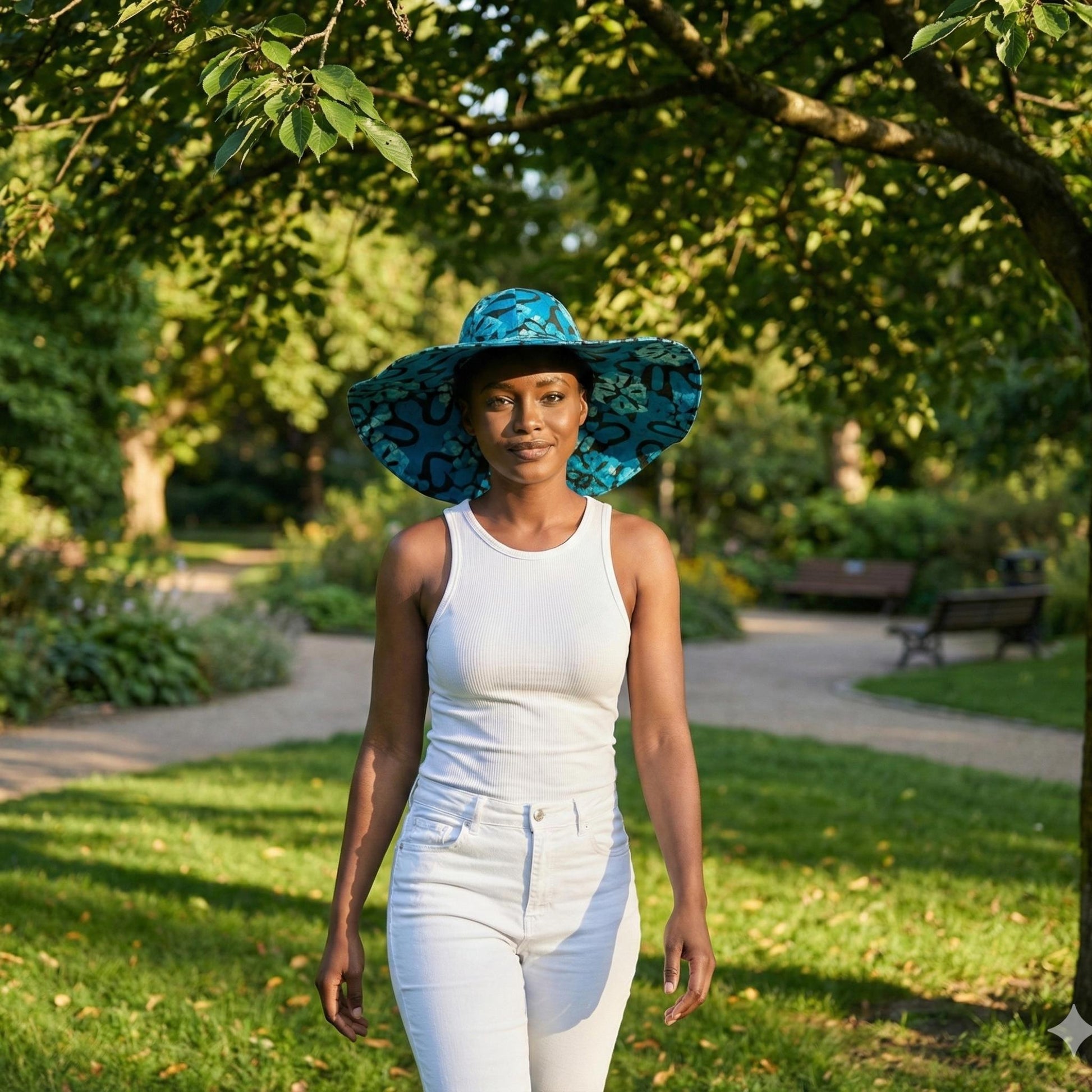 Woman wearing a large Batik blue hat in a park setting