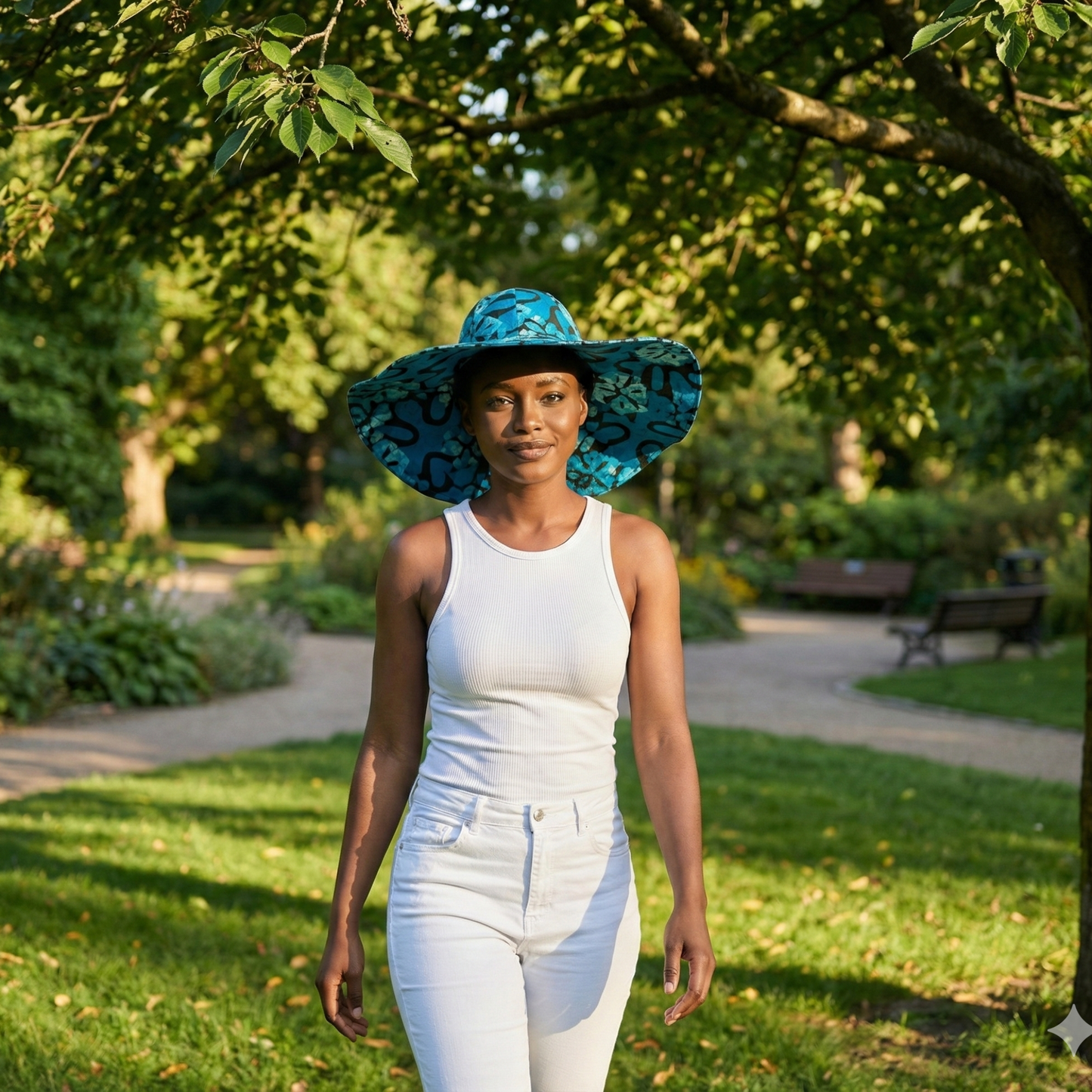 Woman wearing a large Batik blue hat in a park setting