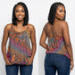 Woman wearing a tie-dye tank top and jeans, shown from front and back on a white background.
