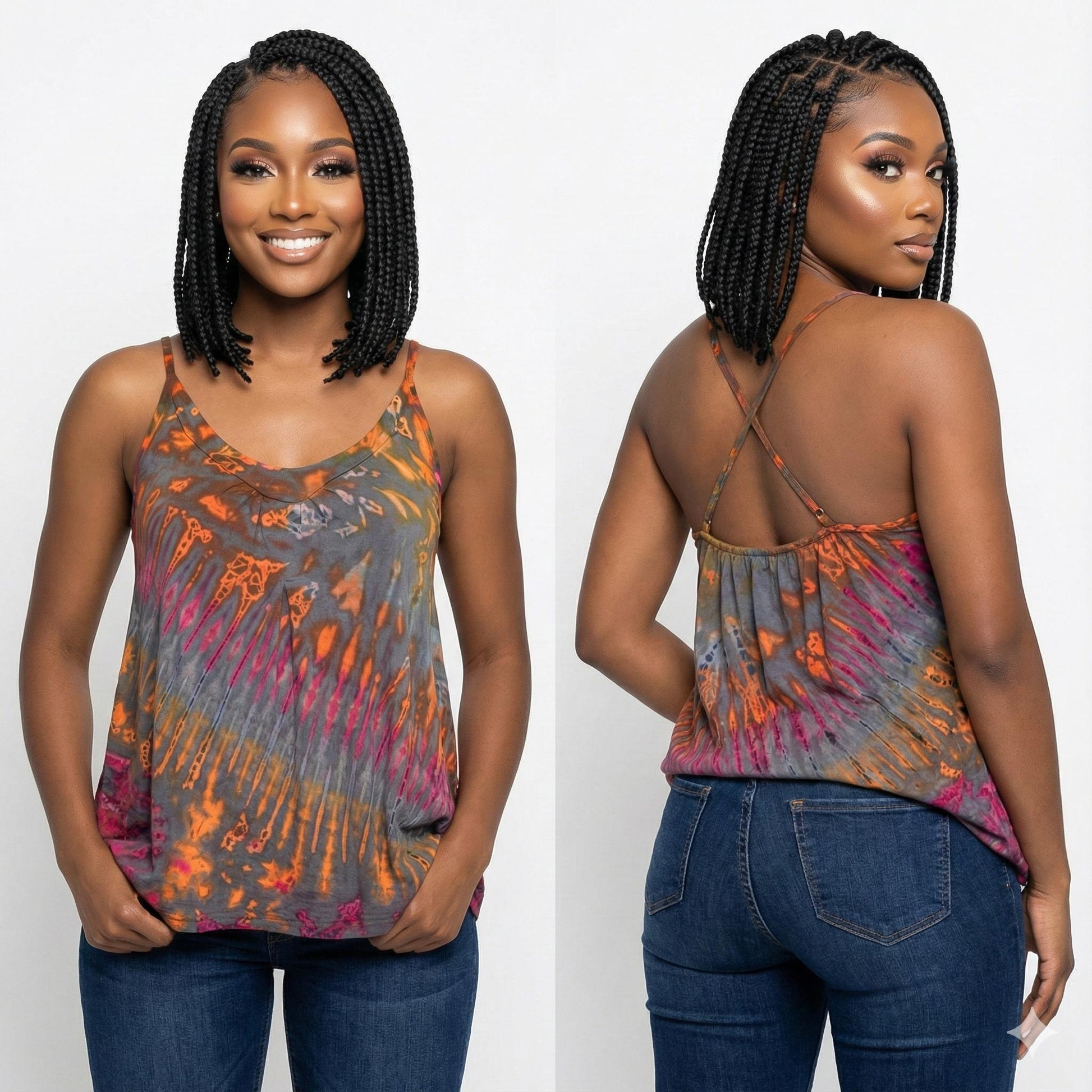 Woman wearing a tie-dye tank top and jeans, shown from front and back on a white background.