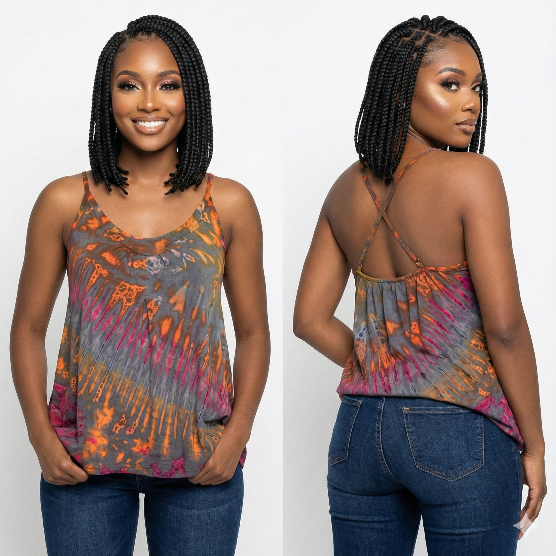 Woman wearing a tie-dye tank top and jeans, shown from front and back on a white background.