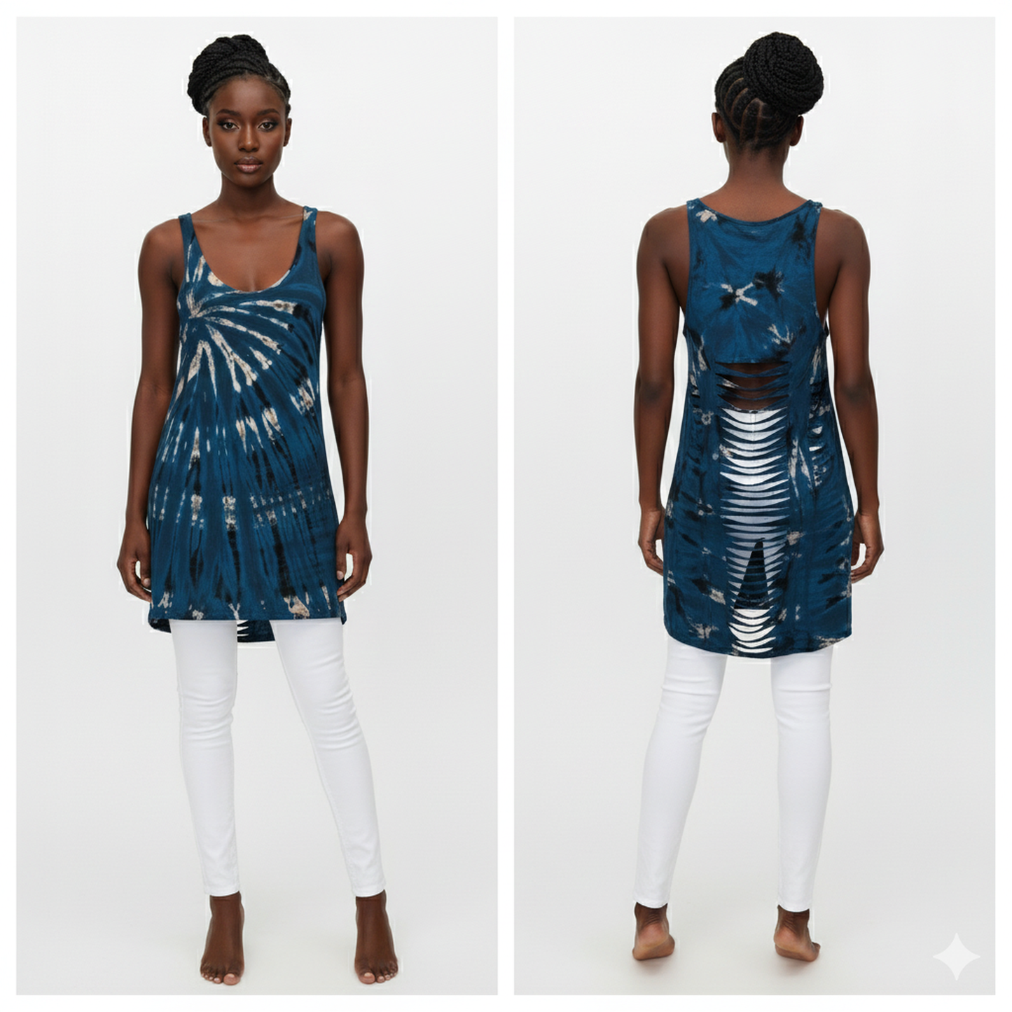 Woman wearing a blue tie-dye dress with white pants on a white background