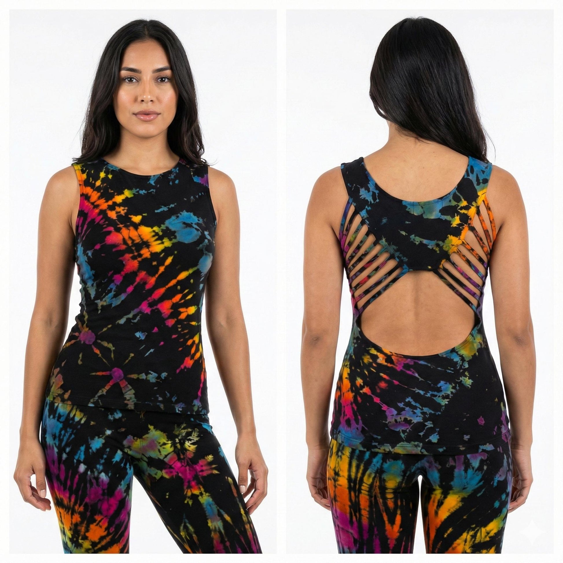 Multicolored tie-dye tank top and leggings set worn by a model on a white background