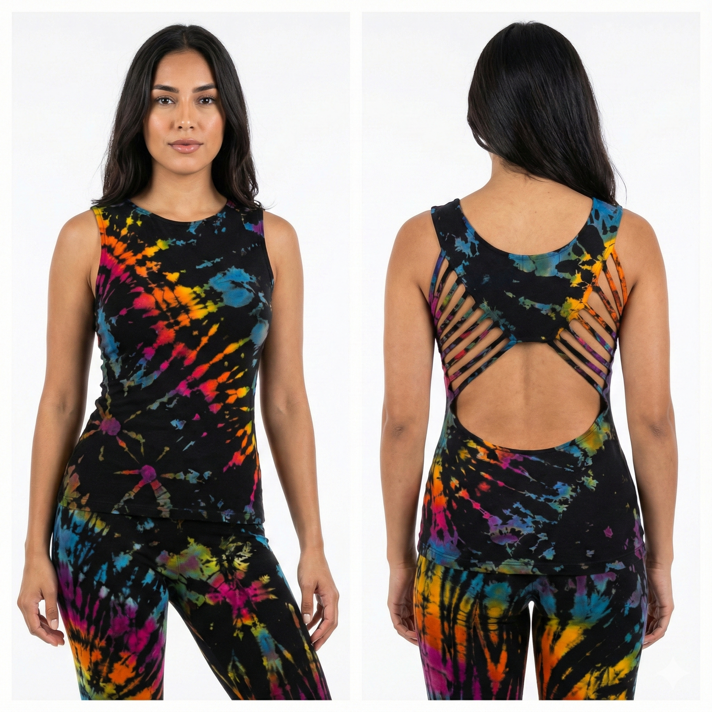 Multicolored tie-dye tank top and leggings set worn by a model on a white background