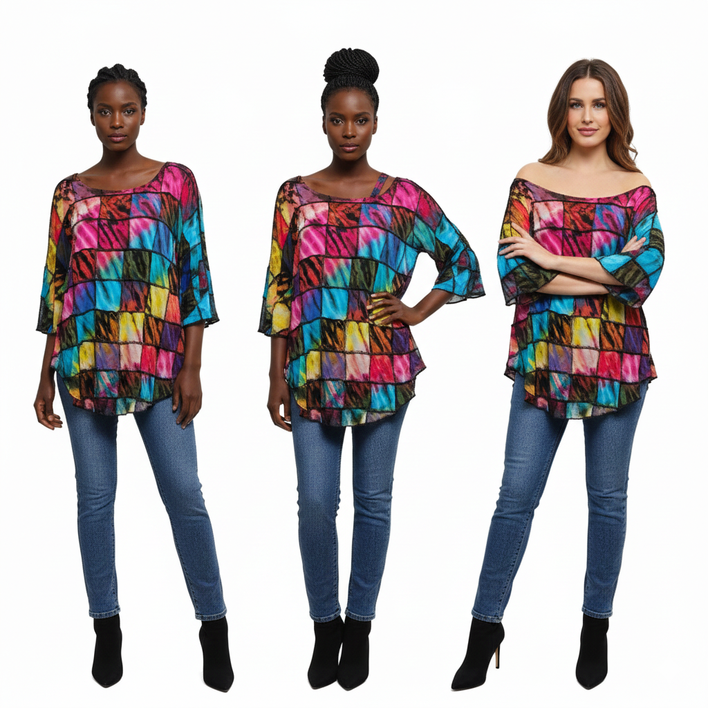 Three women wearing colorful patchwork tops and blue jeans on a white background