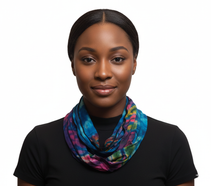 Woman wearing a colorful tie dye scarf on a white background