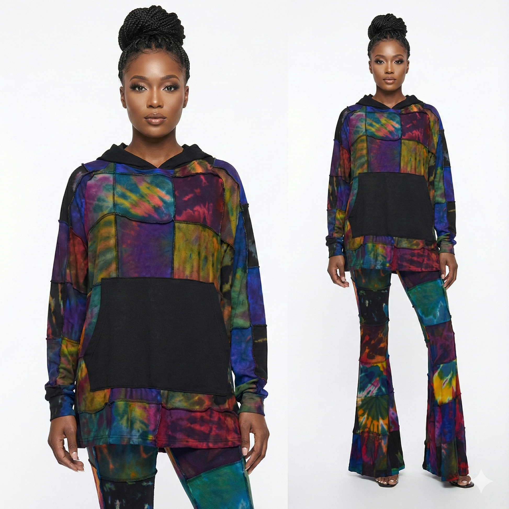 Multicolored tie-dye hoodie and pants worn by a model on a white background