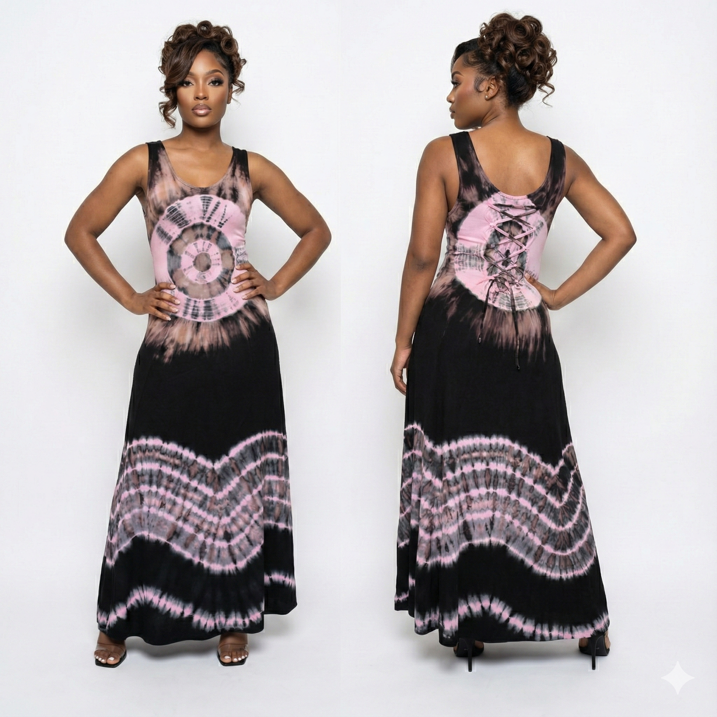 Woman wearing a black and pink tie-dye dress, shown from front and back, on a white background.