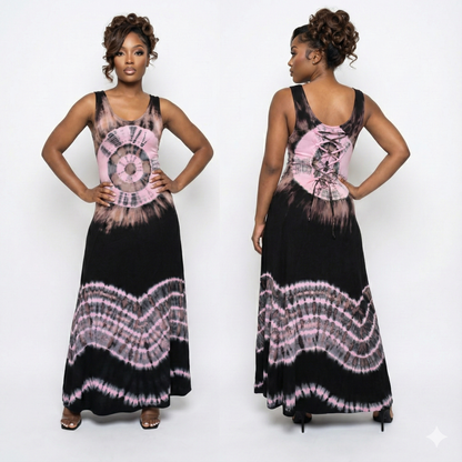 Woman wearing a black and pink tie-dye dress, shown from front and back, on a white background.
