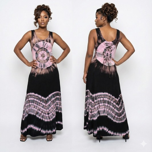 Woman wearing a black and pink tie-dye dress, shown from front and back, on a white background.
