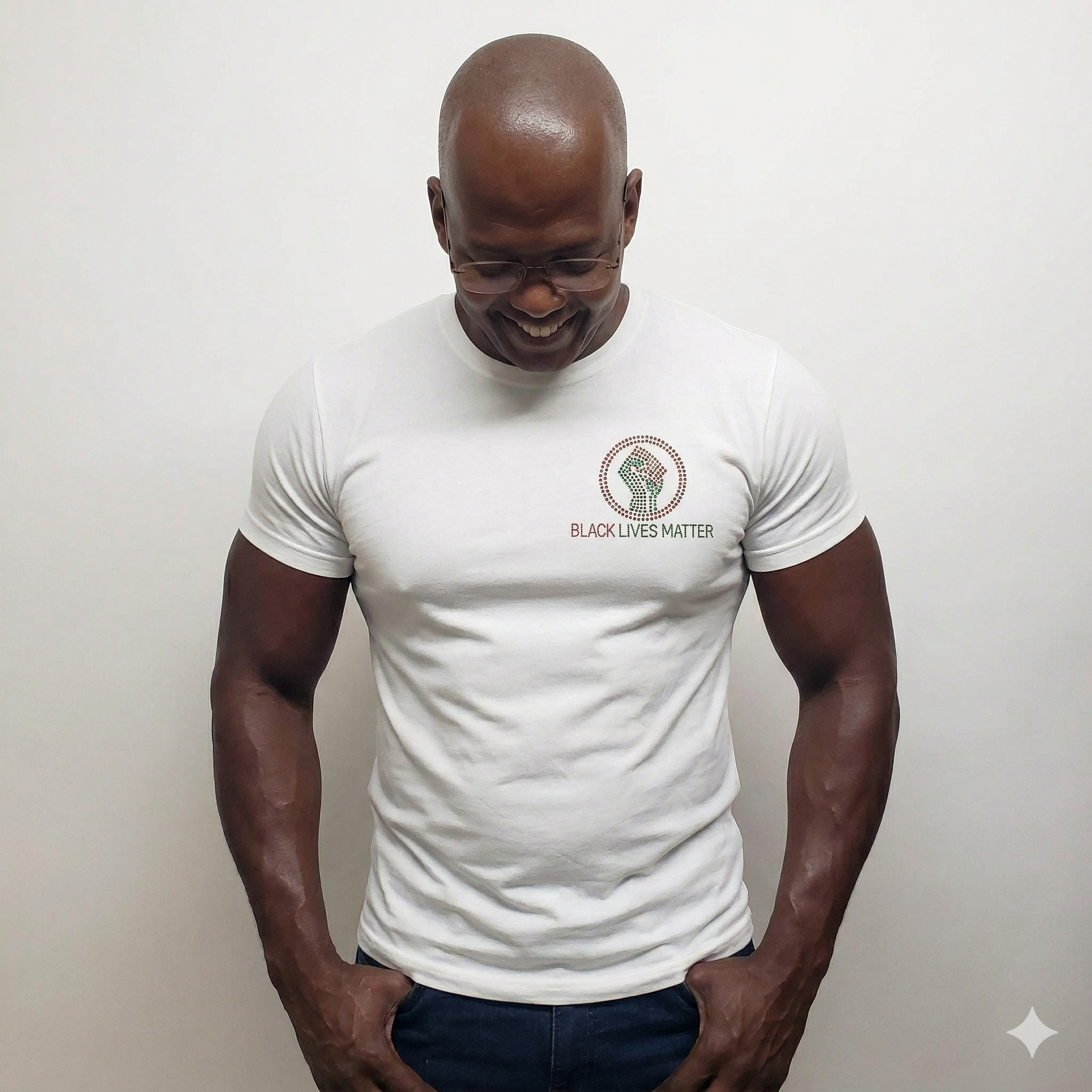 Men's white combed cotton t-shirt with "BLACK LIVES MATTER" and a raised fist rhinestone design.