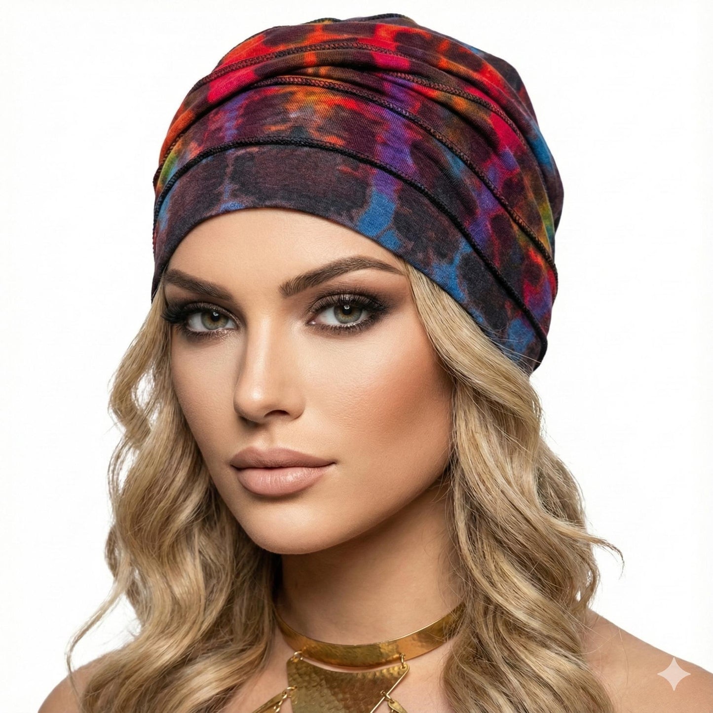 Woman wearing a colorful tie dye hat on  a white background-Sanjules