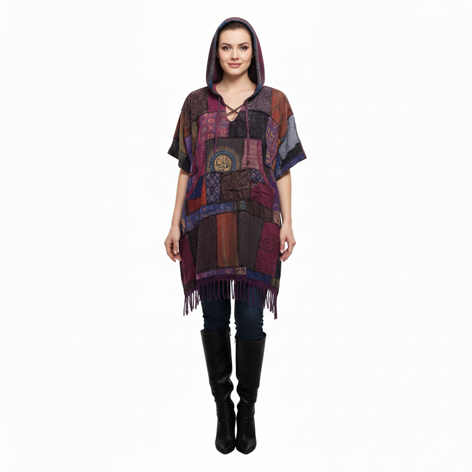 Woman wearing a colorful patchwork  poncho on a white background