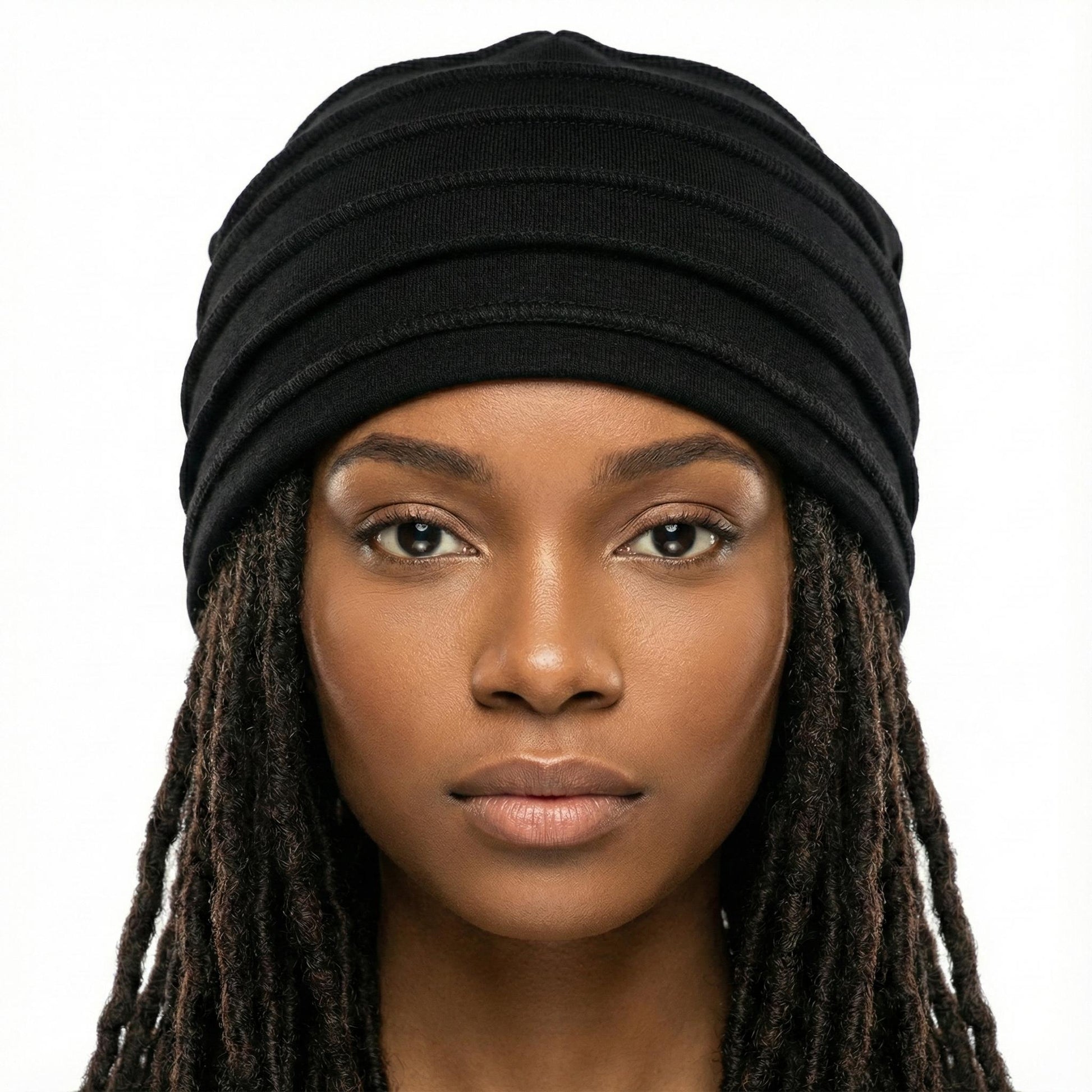 Woman wearing a black hat on a white background-Sanjules