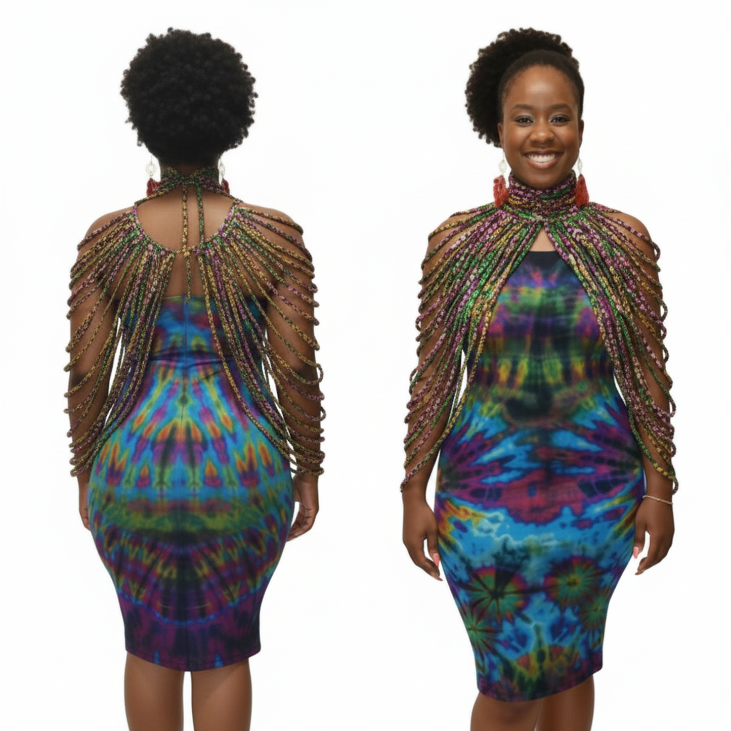 Multicolored tie-dye dress with beaded shoulder details on a white background