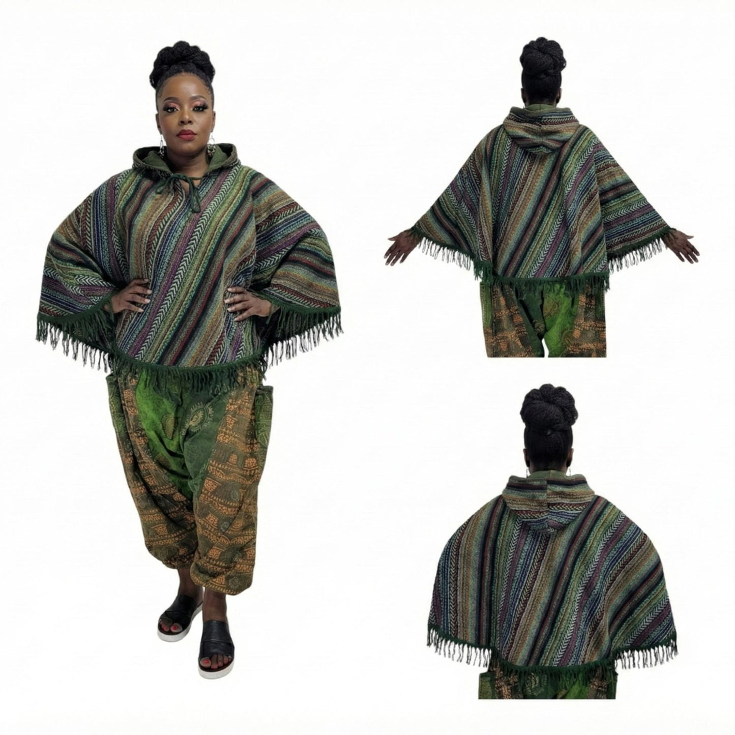 Woman wearing a patterned outfit with a poncho and pants, shown from front, side, and back views.