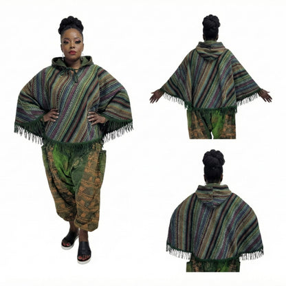Woman wearing a patterned outfit with a poncho and pants, shown from front, side, and back views.