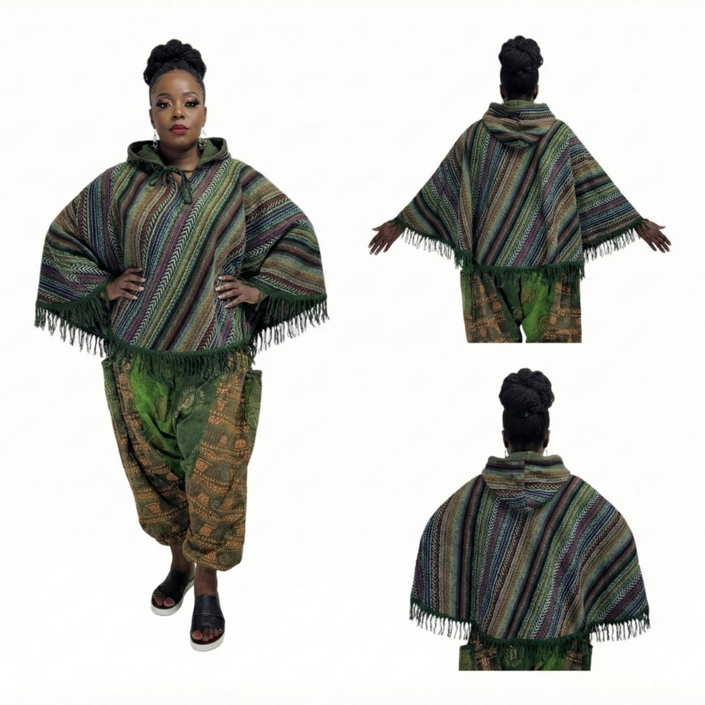 Woman wearing a patterned outfit with a poncho and pants, shown from front, side, and back views.