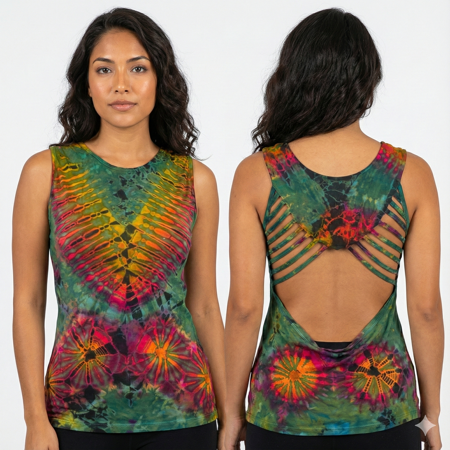 Woman wearing a tie-dye tank top with colorful patterns on a white background