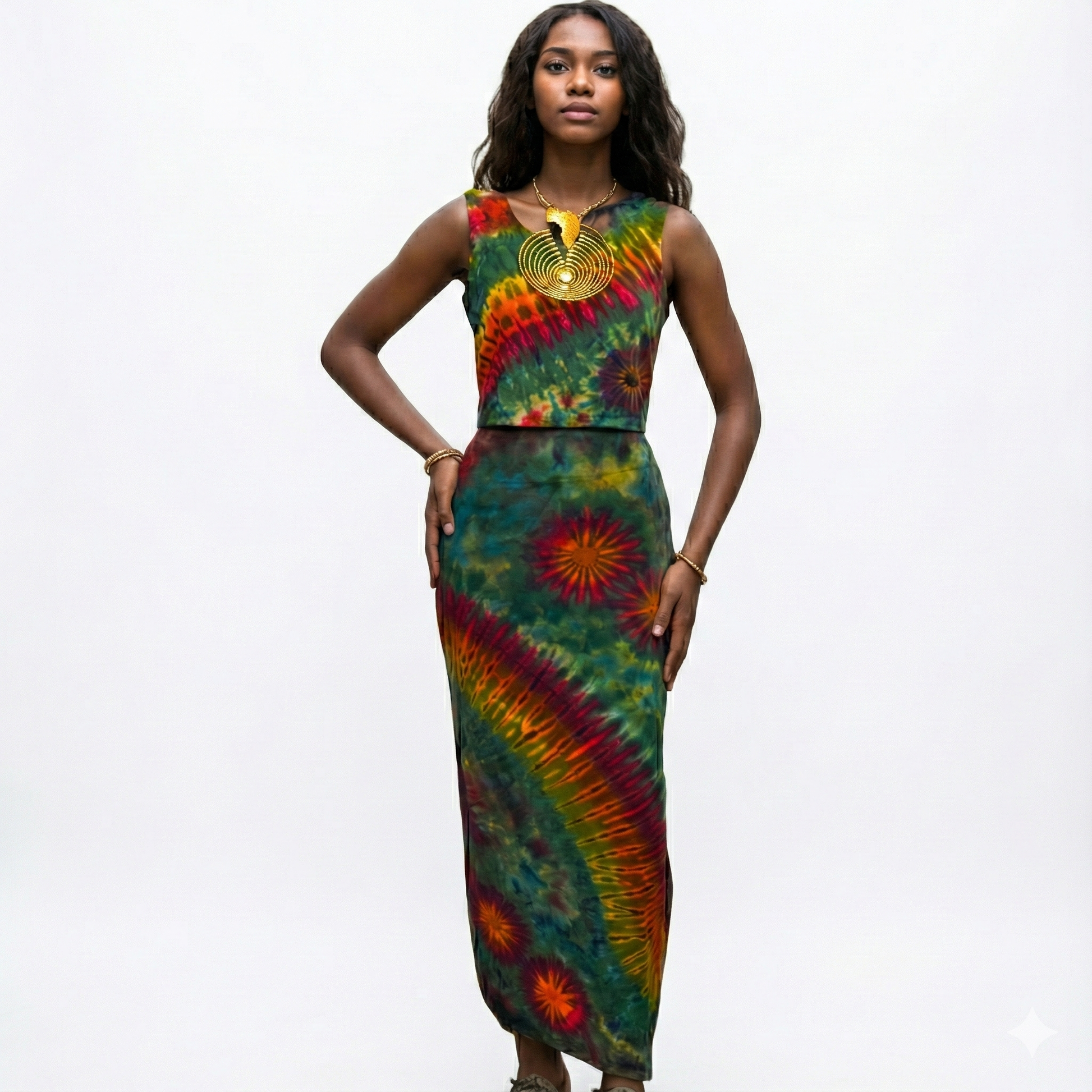 Woman wearing a colorful tie-dye dress on a white background