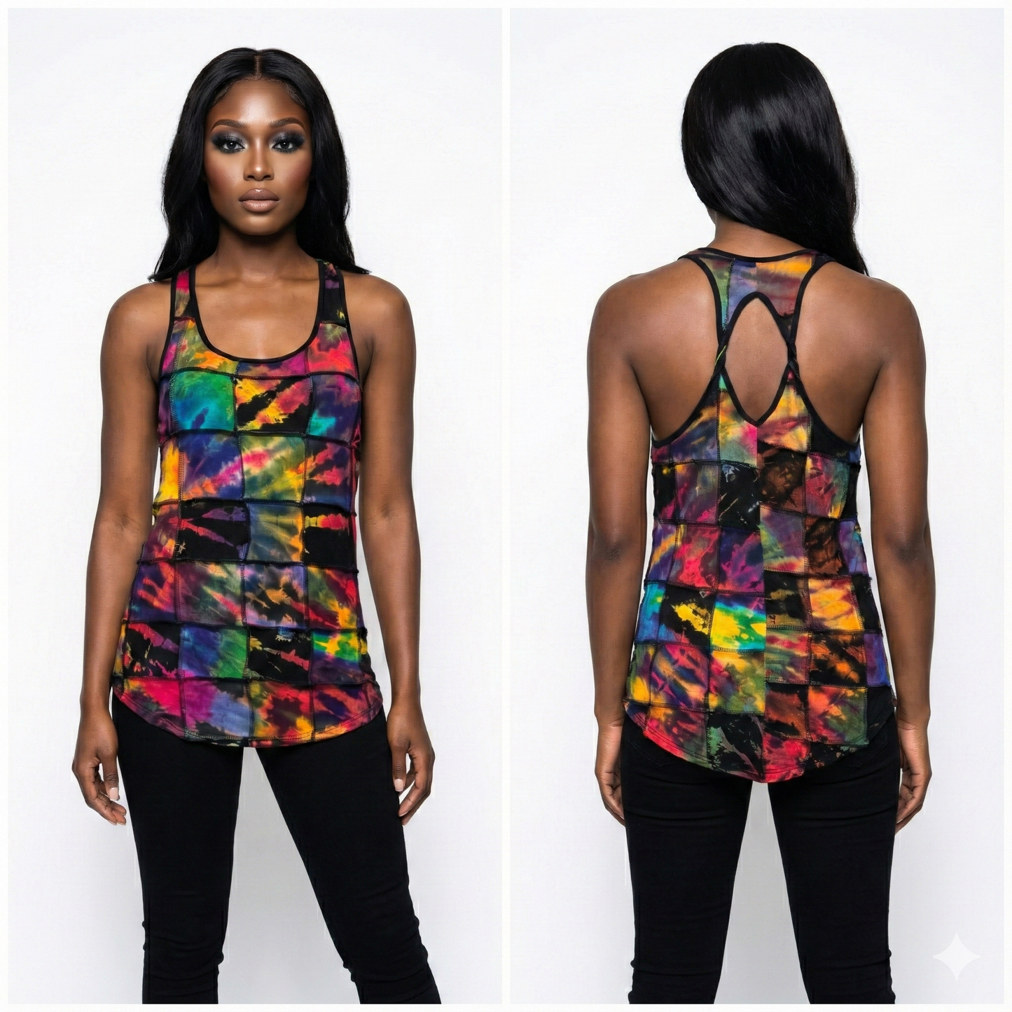 Multicolored tie-dye tank top worn by a model on a white background