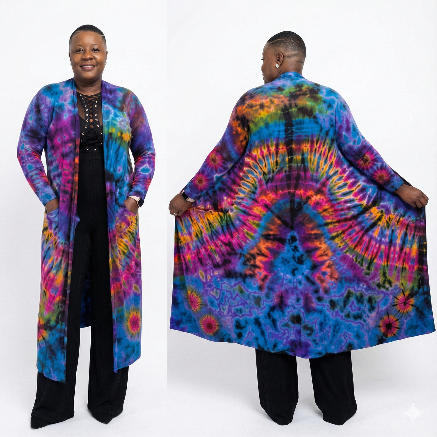 Person wearing a colorful tie-dye long cardigan on a white background