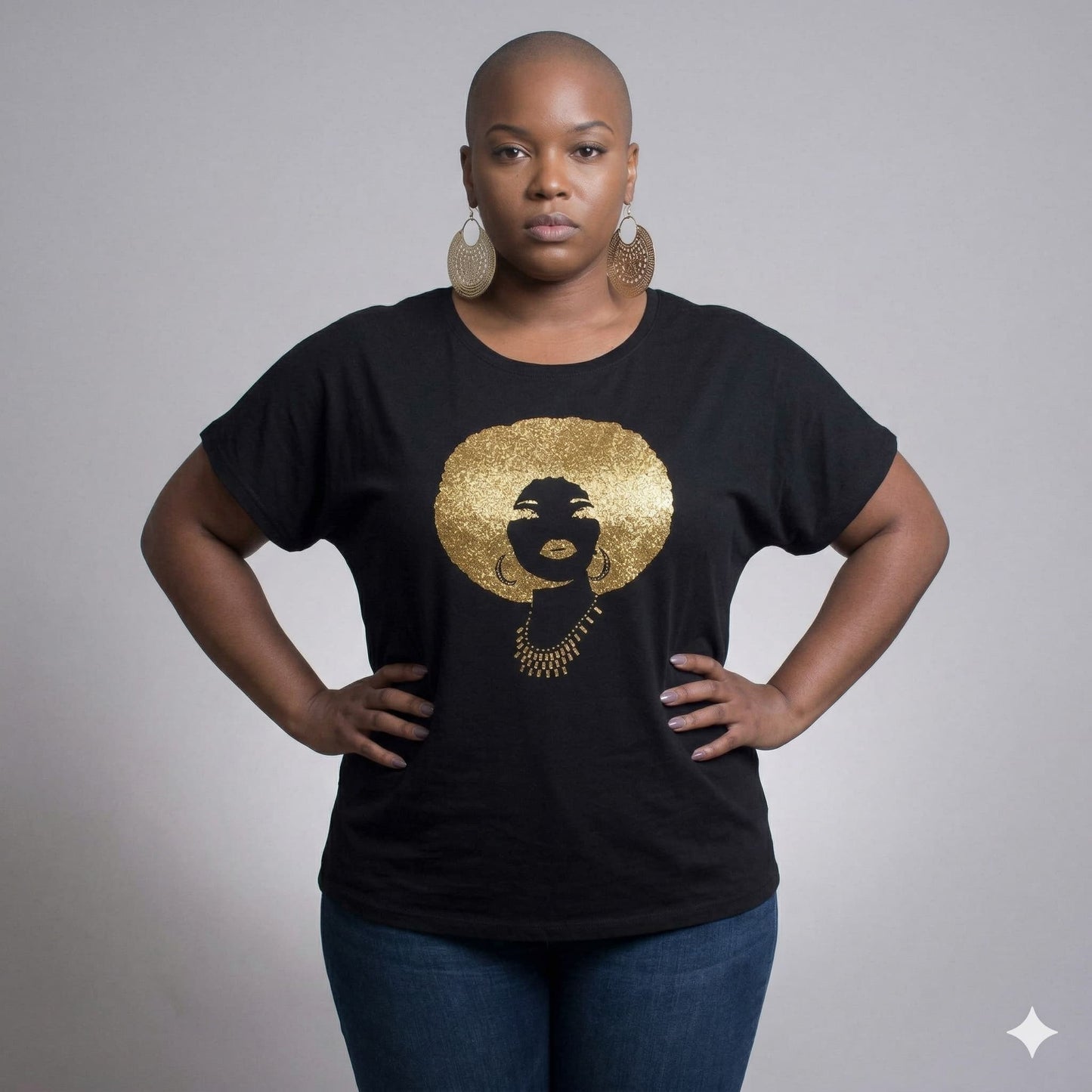 Black combed cotton Foxy Gold Afro Women's T-Shirt with rhinestone & reflective film design.