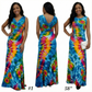 Multicolored tie-dye dress shown from front, back, and side views on a white background.