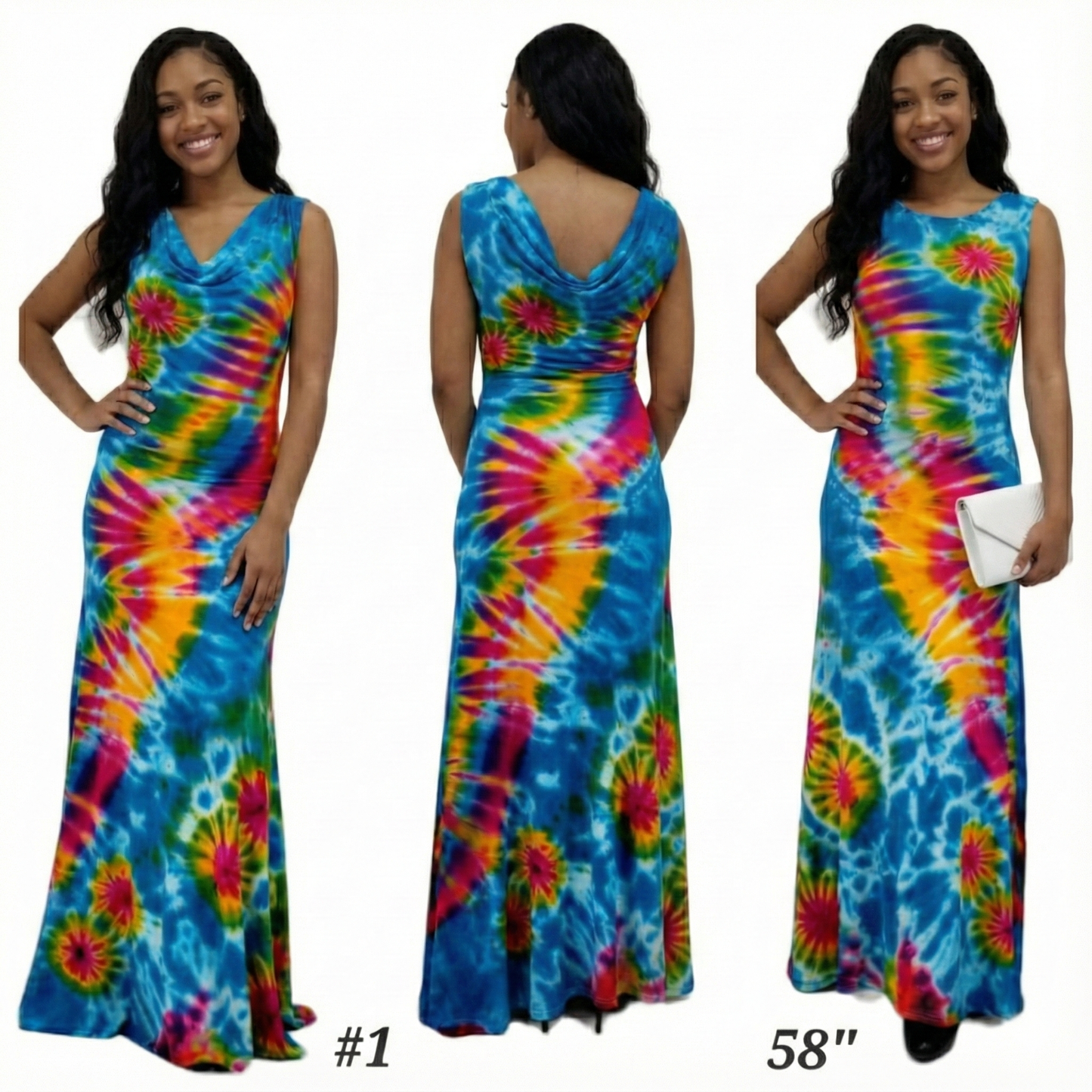Multicolored tie-dye dress shown from front, back, and side views on a white background.